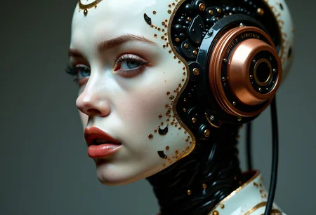 <lora:ck-Neurocore-Realistic-Cyborgs:1> in the style of ck-ncr, Portrait, wabi-sabi cyborg with black and white ceramic materials, intricate mechanical parts in copper color, head tiled,provocative Look, lips parted,shallow depth of field, vignette, (Fujicolor Superia X-TRA 400)
