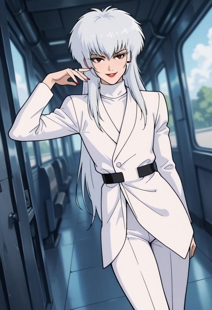MerillYanagawaCCO, 1boy, solo, androgynous, albino, white hair, very long hair, thick hair, bangs, red eyes, eyelashes, nose, lips, red lipstick, makeup, white formal suit, white jacket, long sleeves, white turtleneck, black belt, white pants, white shoes, high heels, red nails, red stud earrings, ring,
,seductive pose, sexy pose, tease, 
masterpiece, best quality, ultra-detailed, very aesthetic, detailed background, very aesthetic, newest, scenery, highres, 4k, absurdres, 8k, colorful,vibrant, glowing, perfect face, 2d, perfect eyes, detailed eyes, 
 masterpiece, best quality, ultra-detailed, very aesthetic, newest, scenery, absurdres, perfect anatomy, , perfect face, perfect eyes, mature body, clear eyes, beautiful eyes, athletic, curvy body, athletic.  pinup pose, teasing, lustful expression,
, dutch angle,
naughty smile,
,detailed eyes,Smooth Negative, highres, absurdres,