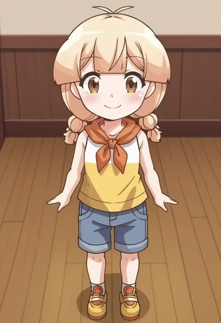source_anime,anime screencap, anime coloring,intricate details,rating_safe, masterpiece, best quality,
(best quality, absurd res, ultra detailed),,(4 finger:0.5),1girl, ((solo)), good eyes,perfect eyes,,detailed eyes, zPDXLxxx , zPDXL3,detailed, detailed face
BREAK
solo,indoors,standing,front view,full body,
hawa, brown eyes, blonde hair, twin braids, antenna hair,yellow shirt, denim shorts, neckerchief,,
smile,happy,closed mouth,
, <lora:add-detail-xl:2>  <lora:hawa:0.8>