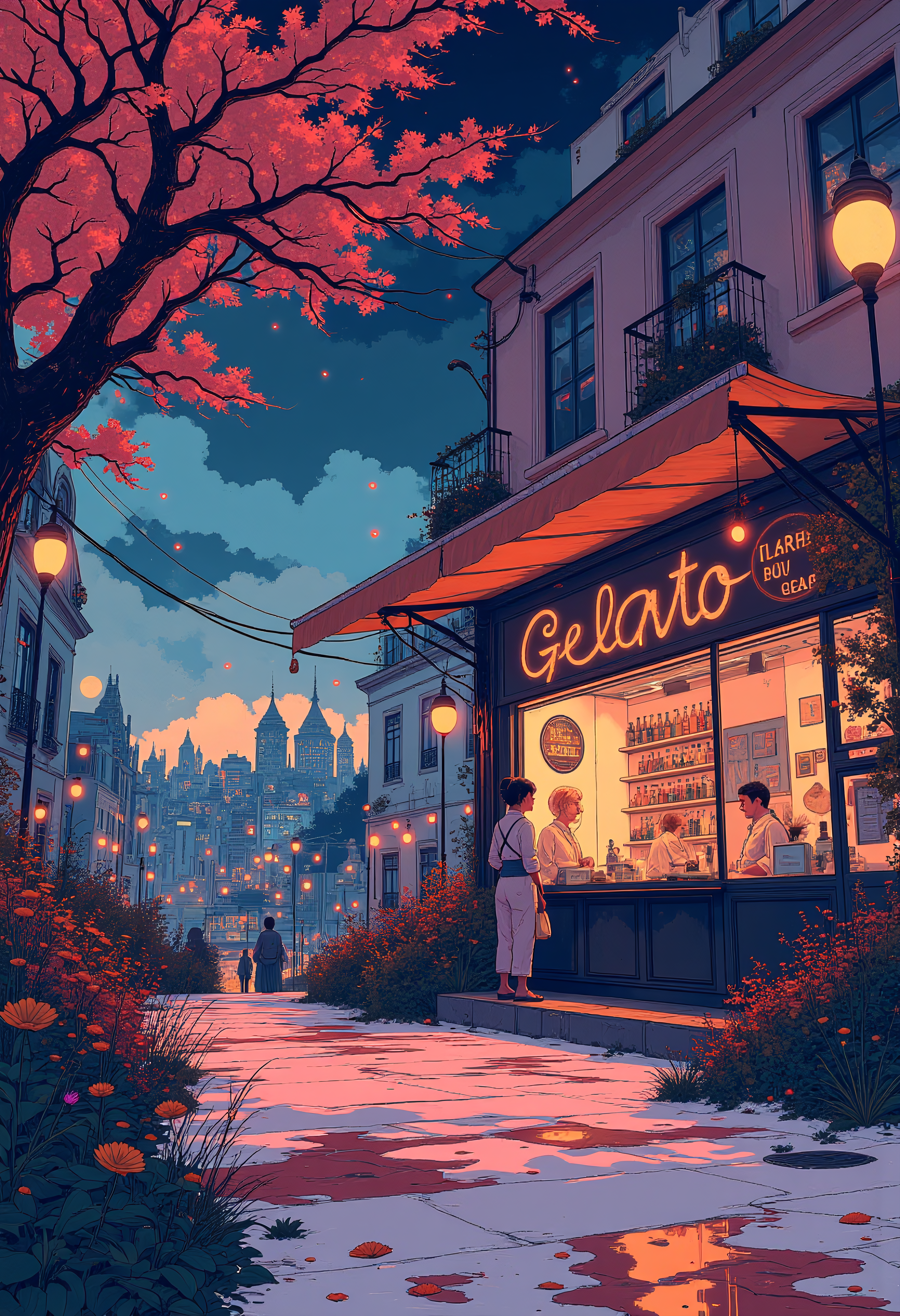 gelato shop in Italy, beautiful, surreal, highly detailed, sharp focus, digital painting, 3 d art, illustration, trending on artstation, vibrant glow
