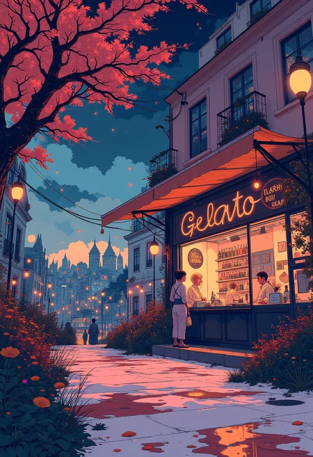 gelato shop in Italy, beautiful, surreal, highly detailed, sharp focus, digital painting, 3 d art, illustration, trending on artstation, vibrant glow