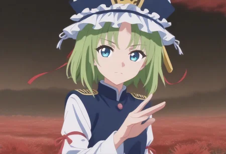 1girl, solo, solo focus, highres, absurdres, shikieiki, green hair, frilled hat, blue eyes, blue headwear, short hair,
long sleeves, black skirt, white shirt, blue vest, red ribbon, epaulettes, small breasts, arm ribbon, buttons, 
looking at viewer, head tilt, from side, bare hands, hand up,
spider lily, flower field, night sky, red sky, dark, red theme,
