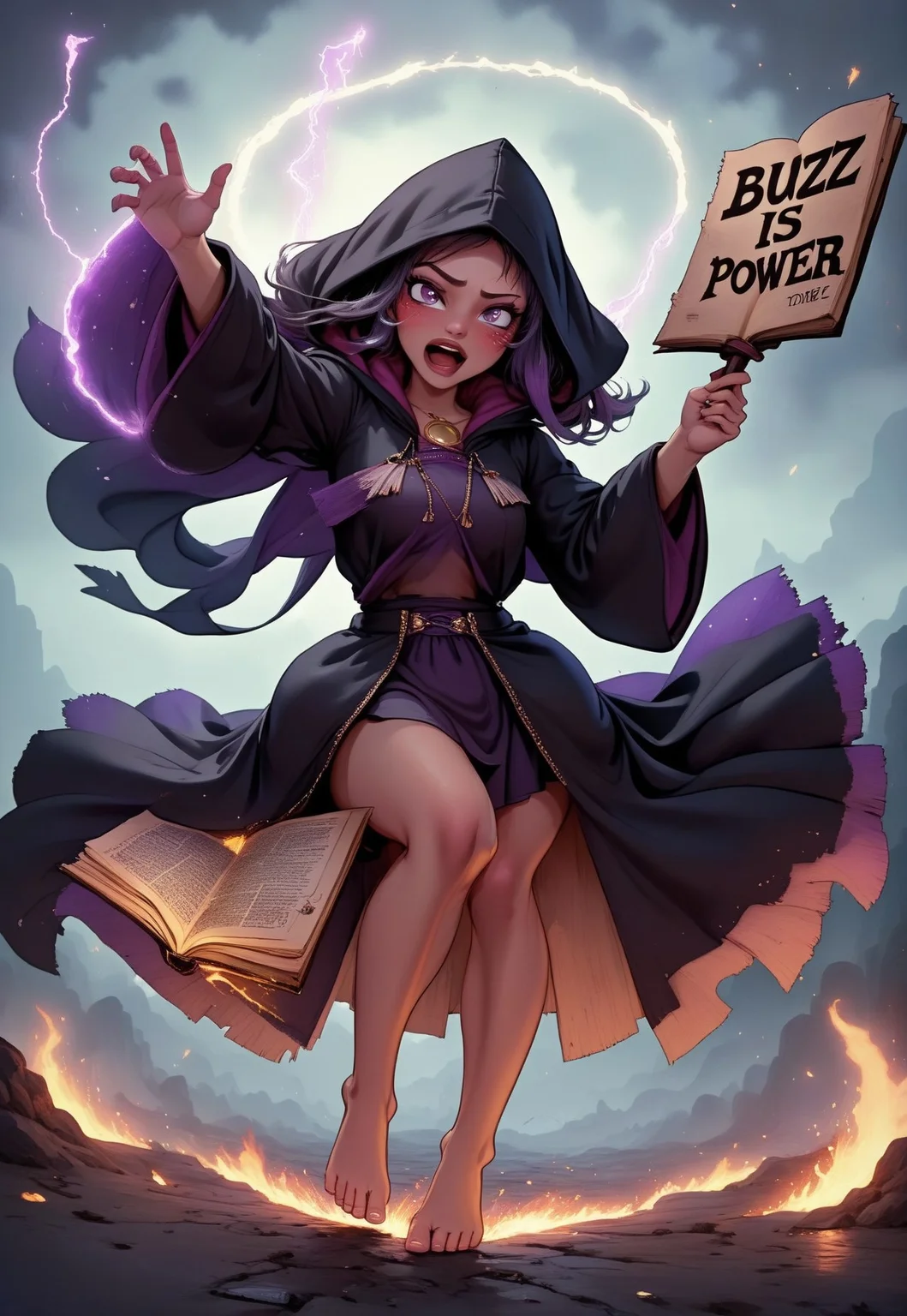 1woman, (holding tome with text that says "BUZZ IS POWER":1.5), (buzz:1.1), evil_laugh, wearing dark hooded robes, purple magical energy, fantasy battle setting, purple and black theme