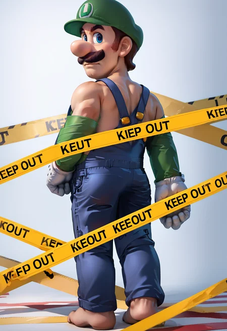 score_9, score_8_up, score_7_up, source_anime, 1boy,  <lora:KeepOut_XLPD:1.3>, keep out, caution tape, <lora:Luigi_XLPD:1> Incrsluigi, luigi, green headwear, blue overalls, white gloves, long sleeves, muscular, full body, convenient censoring, from behind, smirk, looking at viewer, closed mouth, wide shoulders,
