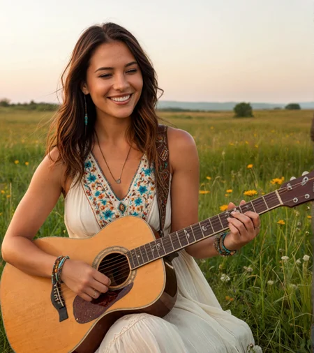 Ultra-photorealistic portrait of a stunning dark-haired beautiful American woman with sun-kissed skin, laughing joyfully while playing a vintage Gibson J-45 acoustic guitar. She wears a brown leather guitar strap with intricate Native American-inspired beadwork. Her bohemian style shines through: a flowy white cotton dress with delicate embroidery, layered turquoise and silver bracelets, and a small 'sunrise' tattoo on her right shoulder. The setting is a golden-hour meadow with wildflowers, dandelion seeds floating in the air. Every detail is razor-sharp: the gleam of sweat on her collarbone, individual strands of her chestnut hair (with subtle caramel highlights), the texture of the guitar's mahogany body, and the way her fingers press the steel strings. The composition focuses intimately on her upper body, with a shallow depth of field that softly blurs the background while maintaining realistic grass and oak tree details.