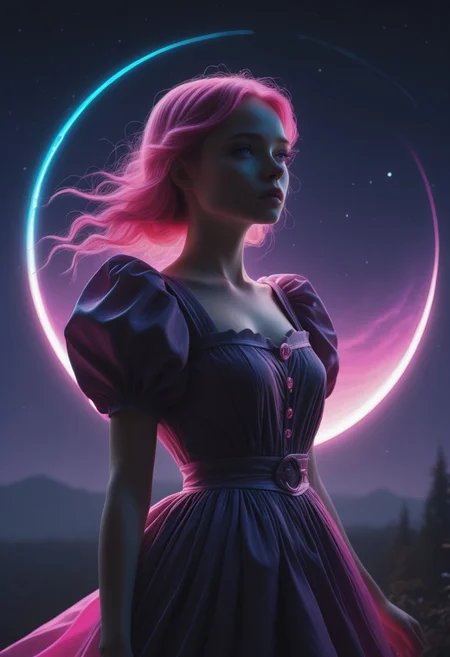 1girl, glowing scythe, full moon, mist, ethereal, dark fantasy, dramatic lighting, night sky, mysterious atmosphere, fantasy setting masterpiece, best quality, amazing quality, very aesthetic, absurdres, detailed eyes, newest, <lora:CivChan:1>, CivChan, purple eyes, pink hair, maid outfit, <lora:PinkieNeonAnimeIL:0.5>, neon illustration in the style of pinkneonanime,neon illustration in the style of pinkneonanime