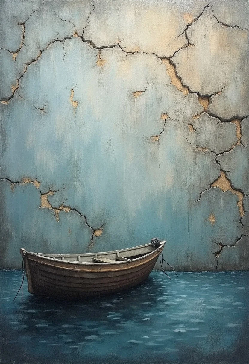 overlay, tagged cracked wall painting, gray misty smoky plaster on cracked wall, cracked fisherman's cottage, boat, gray plaster sea, misty gray smoky, atmospheric, beautiful, quantum rendering, realism, hyper-detailed, colorful, natural lighting, close-up