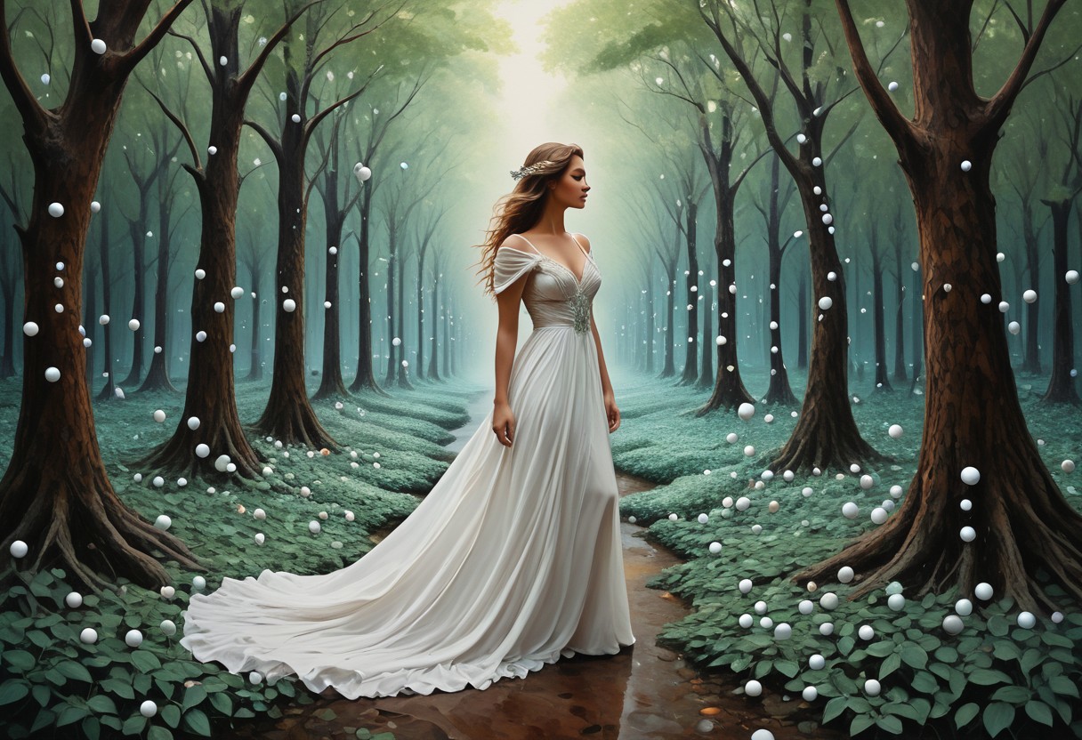 lazypos, made of marbles, A woman in a flowing white dress of marbles stands in an emerald forest, a ring of fairies  encircling her, but as she moves, her form dissolves into swirling, rainbow abstract patterns that ripple like sound waves., contemporary urban realism meets ethereal literary illustration, powerful female portraiture with atmospheric storytelling, classical oil technique fused with delicate watercolor textures, street art aesthetics blended with gothic romanticism, rich earthy tones layered with soft muted pastels, expressive brushwork and intricate costume detail, textured urban settings with fairytale undertones, emotional realism meets dreamlike composition, cultural identity portrayed through poetic environments, symbolic backgrounds with moody light, narrative portraiture infused with mystery, realism and fantasy in intimate balance, dogwood trees