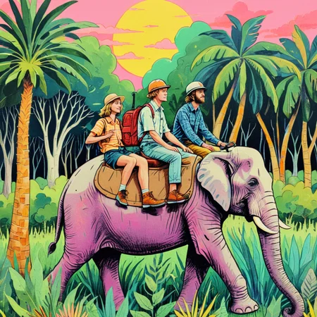 <lora:Psychedelic Vibes - Trigger with Psychvibes Artstyle:1> Film still from a new movie about a group of people on a safari. is seen riding on an elephant. the scene takes place in a jungle. , psychvibes artstyle