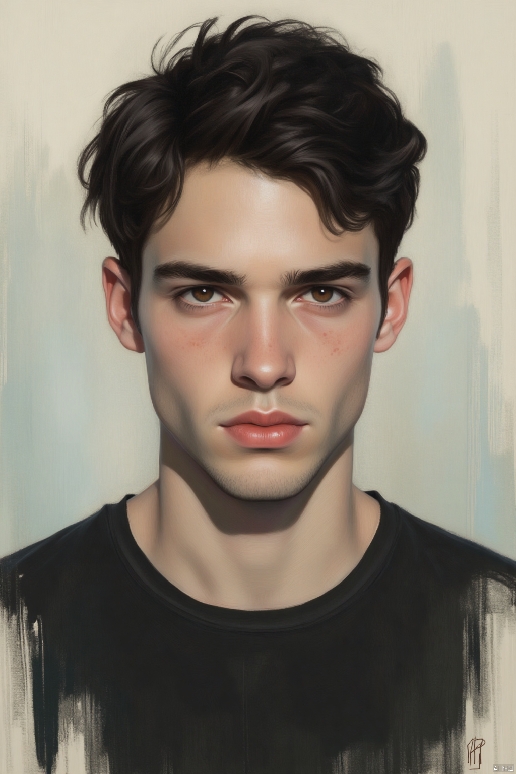 OBxiaoxiang,
This image is a highly detailed, realistic digital painting of a young man. The painting employs a hyperrealistic style, characterized by its meticulous attention to texture and shading. The subject has a fair, slightly tanned complexion with a symmetrical face. His dark, wavy hair is slightly tousled, framing his face and falling slightly over his forehead. His expression is neutral, with a slight hint of seriousness, and his eyes are a deep, penetrating brown. He has a strong, chiseled jawline and a prominent nose, contributing to a somewhat masculine appearance.
He is wearing a plain black t-shirt, which contrasts with his fair skin, emphasizing his facial features. The background is a blend of muted colors, primarily light beige and soft blues, with vertical streaks of darker shades adding depth and a sense of movement. The painting is executed with a mix of smooth and textured brushstrokes, giving it a painterly feel while maintaining the sharpness and clarity of a digital medium. The artist's signature, "P," is visible in the lower right corner. The overall mood of the painting is somber and introspective, with a focus on the subject's intense gaze and thoughtful demeanor.