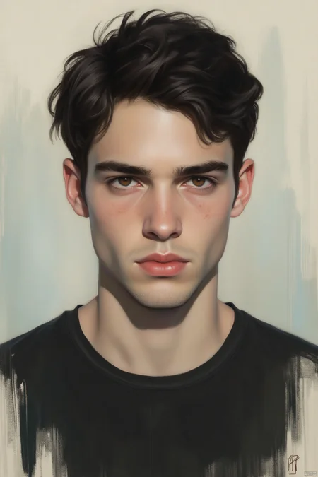 OBxiaoxiang,
This image is a highly detailed, realistic digital painting of a young man. The painting employs a hyperrealistic style, characterized by its meticulous attention to texture and shading. The subject has a fair, slightly tanned complexion with a symmetrical face. His dark, wavy hair is slightly tousled, framing his face and falling slightly over his forehead. His expression is neutral, with a slight hint of seriousness, and his eyes are a deep, penetrating brown. He has a strong, chiseled jawline and a prominent nose, contributing to a somewhat masculine appearance.
He is wearing a plain black t-shirt, which contrasts with his fair skin, emphasizing his facial features. The background is a blend of muted colors, primarily light beige and soft blues, with vertical streaks of darker shades adding depth and a sense of movement. The painting is executed with a mix of smooth and textured brushstrokes, giving it a painterly feel while maintaining the sharpness and clarity of a digital medium. The artist's signature, "P," is visible in the lower right corner. The overall mood of the painting is somber and introspective, with a focus on the subject's intense gaze and thoughtful demeanor.