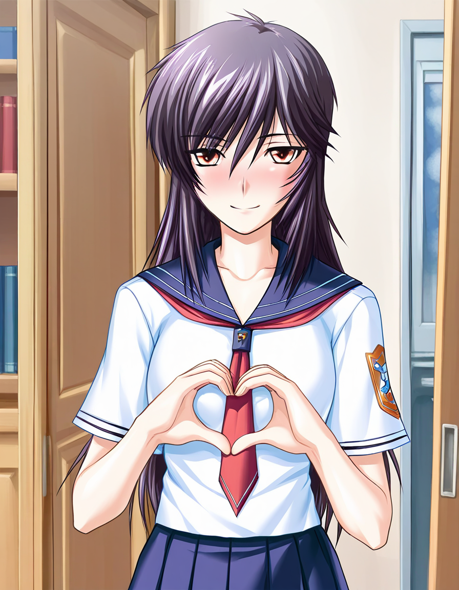 masterpiece, best quality, amazing quality, absurdres, official art, ultra detailed, 
1girl, solo, yashi_nagomi, long hair, purple hair, red eyes, BREAK
school uniform, serafuku, skirt, pantyhose, 
blush, smile, looking at viewer,
standing, heart hands,
in room, upper body, sharp focus, depth of field, highly detailed <lora:Yashi Nagomi v1.0-000013:1>