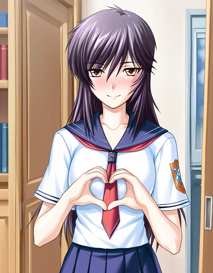 masterpiece, best quality, amazing quality, absurdres, official art, ultra detailed,
1girl, solo, yashi_nagomi, long hair, purple hair, red eyes, BREAK
school uniform, serafuku, skirt, pantyhose,
blush, smile, looking at viewer,
standing, heart hands,
in room, upper body, sharp focus, depth of field, highly detailed <lora:Yashi Nagomi v1.0-000013:1>