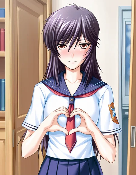 masterpiece, best quality, amazing quality, absurdres, official art, ultra detailed,
1girl, solo, yashi_nagomi, long hair, purple hair, red eyes, BREAK
school uniform, serafuku, skirt, pantyhose,
blush, smile, looking at viewer,
standing, heart hands,
in room, upper body, sharp focus, depth of field, highly detailed <lora:Yashi Nagomi v1.0-000013:1>