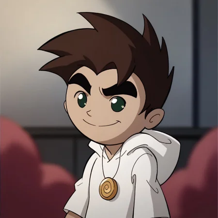 score_9, score_8_up, score_7_up BREAK RaiXS, 1boy, dark brown hair, dark green eyes, tan skin, gold spiral circle necklace, white hoodie, cowboy shot, smile,