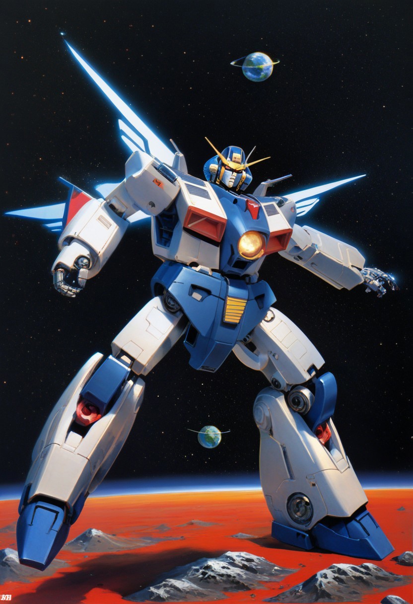 score_9, score_8_up, scoe_7_up, R3TR0SC1F1, retro artstyle, science fiction, mecha, robot, mechanical, glowing, space, planet, gundam, enery weapon, energy wings,