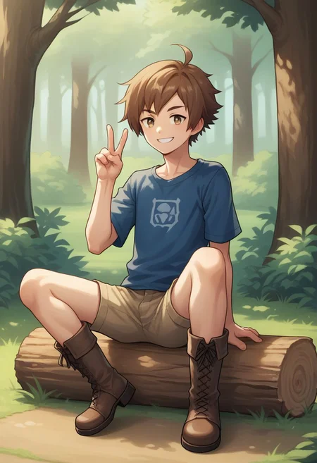 sscore_9, score_8_up, source_anime, highly detailed, 1boy, solo, skinny,
yew, solo, 1boy, brown hair, male focus, short pants, boots, shirt, ahoge, smile, v sign, upper body,
outdoor, wood, log, sit,