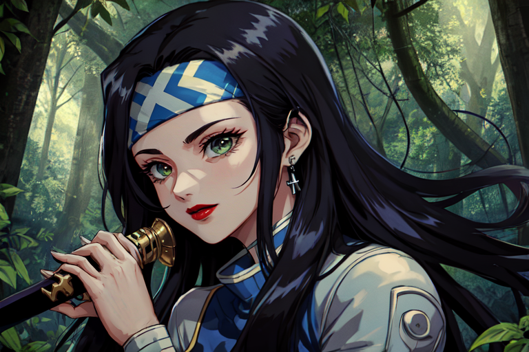 highly insanely detailed, masterpiece, top quality, best quality, highres, 4k, 8k, RAW photo, (very aesthetic, beautiful and aesthetic),  
beth_\(megami_tensei\),bethsmtii,shin megami tensei ii,long hair,black hair,straight hair,sleek black,jewelry,cross,headband,red_lipstick,katana,sword,Tokyo_Millennium,post-apocalyptic_city,dystopian_world,Private_mansion,guarded_residence,elite_dwelling, 
<lora:zs_Beth:0.6>, 
(1girl:1.3), 1other, 
large forest,enchanting forest,dense forest,lush forest,tall trees,canopy,overgrown scenery,âââ