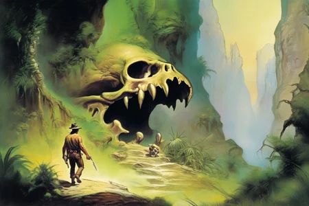 an explorer on the path to a cavern shaped like a skull with an open mouth which is the entrance to a mysterious cave in a mountain. forest plants and greenery, indiana jones <lora:Fantasy_art_XL_V1:0.75> stunning fantasy art by boris vallejo