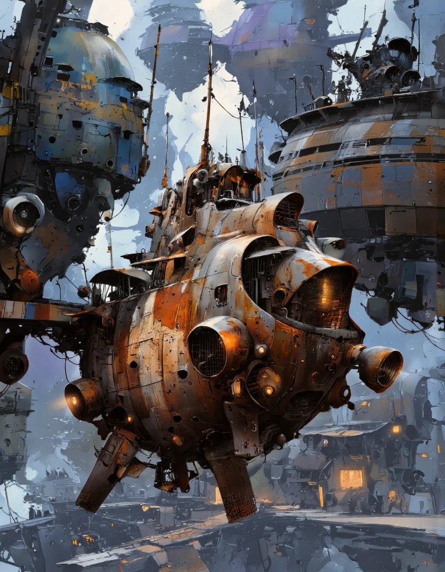 By Ian McQue. A digital illustration shoot from below about a futuristic, sci-fi spaceship in a post-apocalyptic setting. the image also shows a futuristic cityscape with tall buildings, abstract structures, and glowing lights. on the middle of the image, a large, rusted, metallic spaceship appears to be suspended in mid-air, with a few people standing on it. the spaceship has a sleek, streamlined design with intricate details and glowing orange accents. it is surrounded by a dense, industrial environment with a mix of blue, purple, and green hues. the cityscape is filled with tall, metallic structures and abstract shapes, creating a sense of depth and movement. the overall atmosphere is one of chaos and destruction, with the spaceship in the center of the frame.
