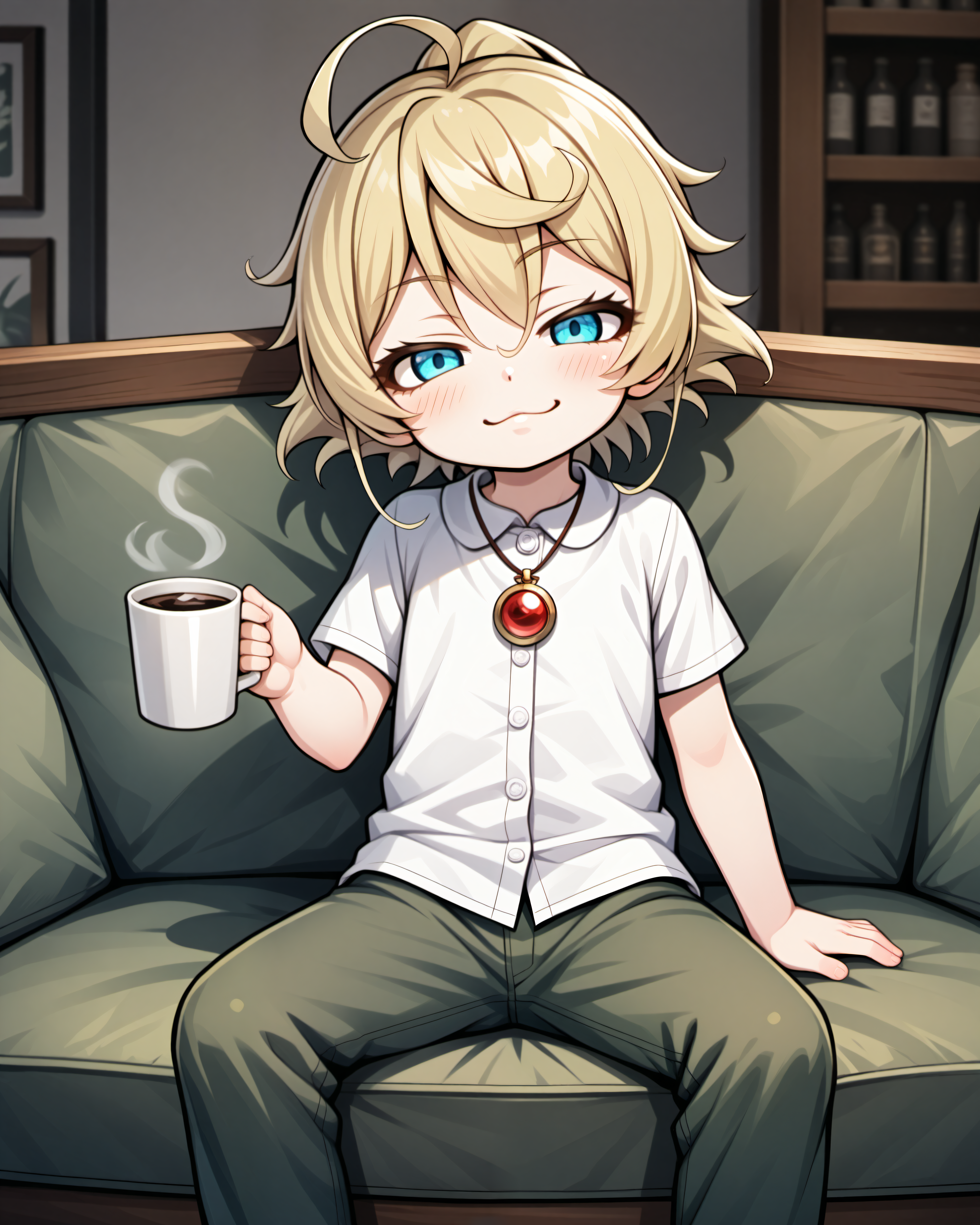 (High detailed skin,High detailed girl,High detailed face:1.0),uncensored,(masterpiece,best quality:1.2),
(handfixer,small hand,High detailed hand:1.0),<lora:HandFixer_pdxl_Incrs_v1:0.8>
1girl,  (solo   :1.2),
( very flat chest  :1.35), (little girl,Aged down:1.35), skinny girl,cute,
tanyadegurechaff, blonde hair, blue eyes, ahoge, short hair,ponytail,wavy hair<lora:youjo_senki:0.8>
green pants,white dress shirt,pendant,pendant over shirt,short sleeves, 
indoors,sitting sofa,
light smile, laughing,head tilt,half-closed eyes, blush,looking at viewer, relaxing, 
drinking coffee, coffee cup,Holding cup,white cup,coffee steam,