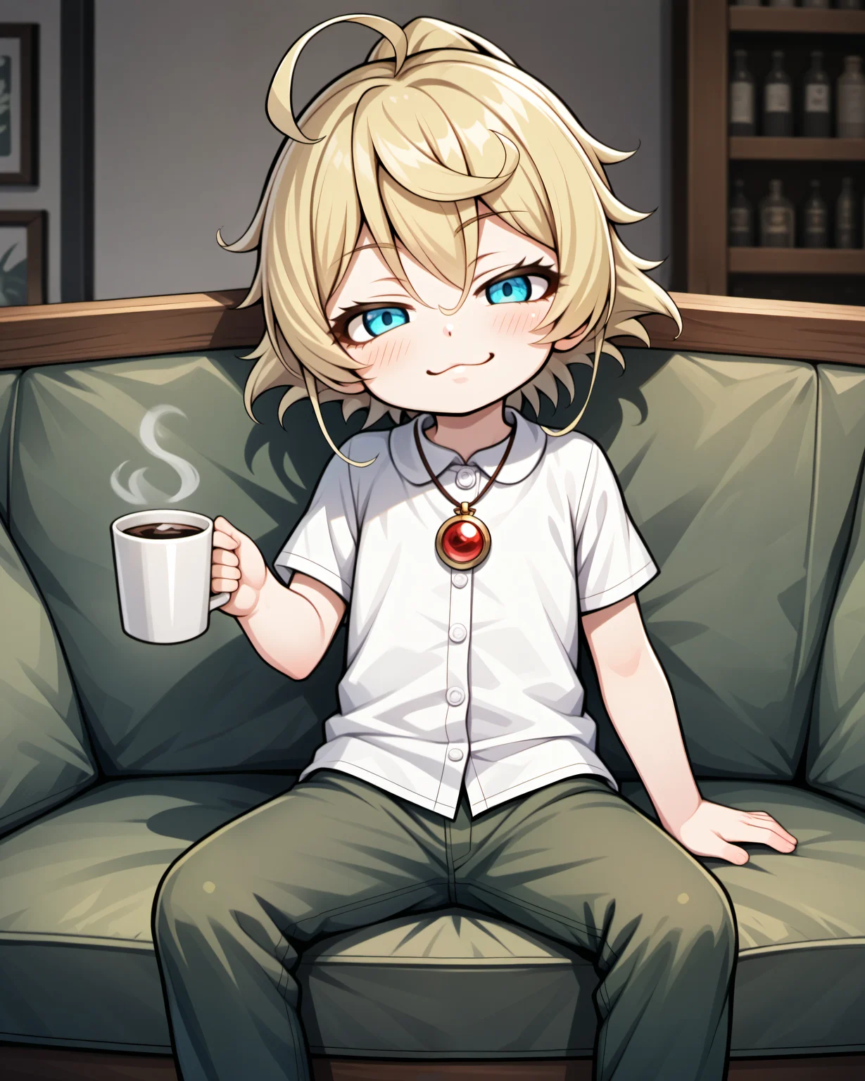 (High detailed skin,High detailed girl,High detailed face:1.0),uncensored,(masterpiece,best quality:1.2),
(handfixer,small hand,High detailed hand:1.0),<lora:HandFixer_pdxl_Incrs_v1:0.8>
1girl,  (solo   :1.2),
( very flat chest  :1.35), (little girl,Aged down:1.35), skinny girl,cute,
tanyadegurechaff, blonde hair, blue eyes, ahoge, short hair,ponytail,wavy hair<lora:youjo_senki:0.8>
green pants,white dress shirt,pendant,pendant over shirt,short sleeves, 
indoors,sitting sofa,
light smile, laughing,head tilt,half-closed eyes, blush,looking at viewer, relaxing, 
drinking coffee, coffee cup,Holding cup,white cup,coffee steam,