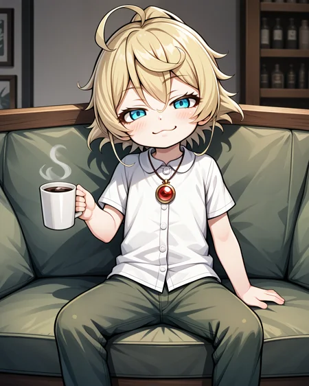(High detailed skin,High detailed girl,High detailed face:1.0),uncensored,(masterpiece,best quality:1.2),
(handfixer,small hand,High detailed hand:1.0),<lora:HandFixer_pdxl_Incrs_v1:0.8>
1girl,  (solo   :1.2),
( very flat chest  :1.35), (little girl,Aged down:1.35), skinny girl,cute,
tanyadegurechaff, blonde hair, blue eyes, ahoge, short hair,ponytail,wavy hair<lora:youjo_senki:0.8>
green pants,white dress shirt,pendant,pendant over shirt,short sleeves, 
indoors,sitting sofa,
light smile, laughing,head tilt,half-closed eyes, blush,looking at viewer, relaxing, 
drinking coffee, coffee cup,Holding cup,white cup,coffee steam,