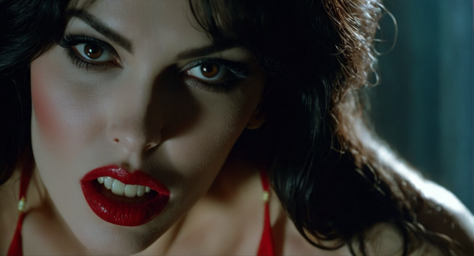 cinematic film still of  Cinematic Film stock footage in (arri alexa style) Kodak film print,  <lora:vampirella:1> Vampirella a fictional naked vampire super-heroine  horror comics magazine Vampire Creepy and Eerie, shallow depth of field, vignette, highly detailed, high budget, bokeh, cinemascope, moody, epic, gorgeous, film grain, grainy