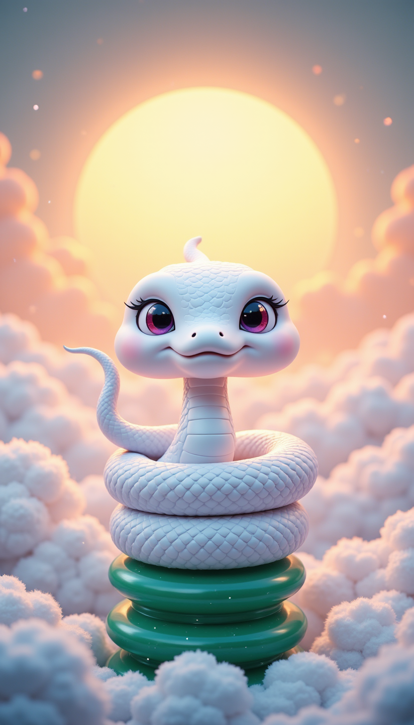 pinkchibisnakeyear,
A snow-white snake perched on a jade statue, surrounded by clouds and a rising sun, divine and majestic scene.