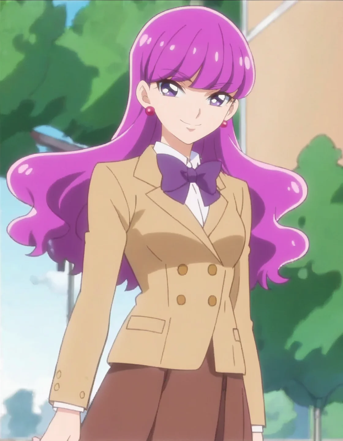 score_9, score_8_up, score_7_up, anime screencap, solo,1girl, kotozumeyukari, earrings, school uniform, jewelry, smile, bow, kneehighs, looking at viewer, purple bow, jacket,purple bowtie,brown skirt, long sleeves, blazer, cowboy shot,medium breasts,<lora:kotozumeyukari:0.8>