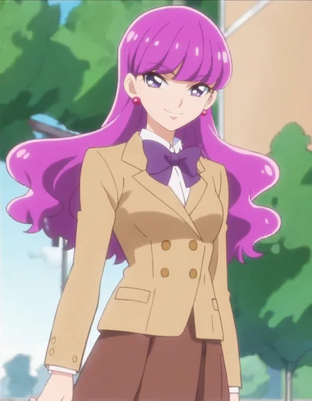 score_9, score_8_up, score_7_up, anime screencap, solo,1girl, kotozumeyukari, earrings, school uniform, jewelry, smile, bow, kneehighs, looking at viewer, purple bow, jacket,purple bowtie,brown skirt, long sleeves, blazer, cowboy shot,medium breasts,<lora:kotozumeyukari:0.8>