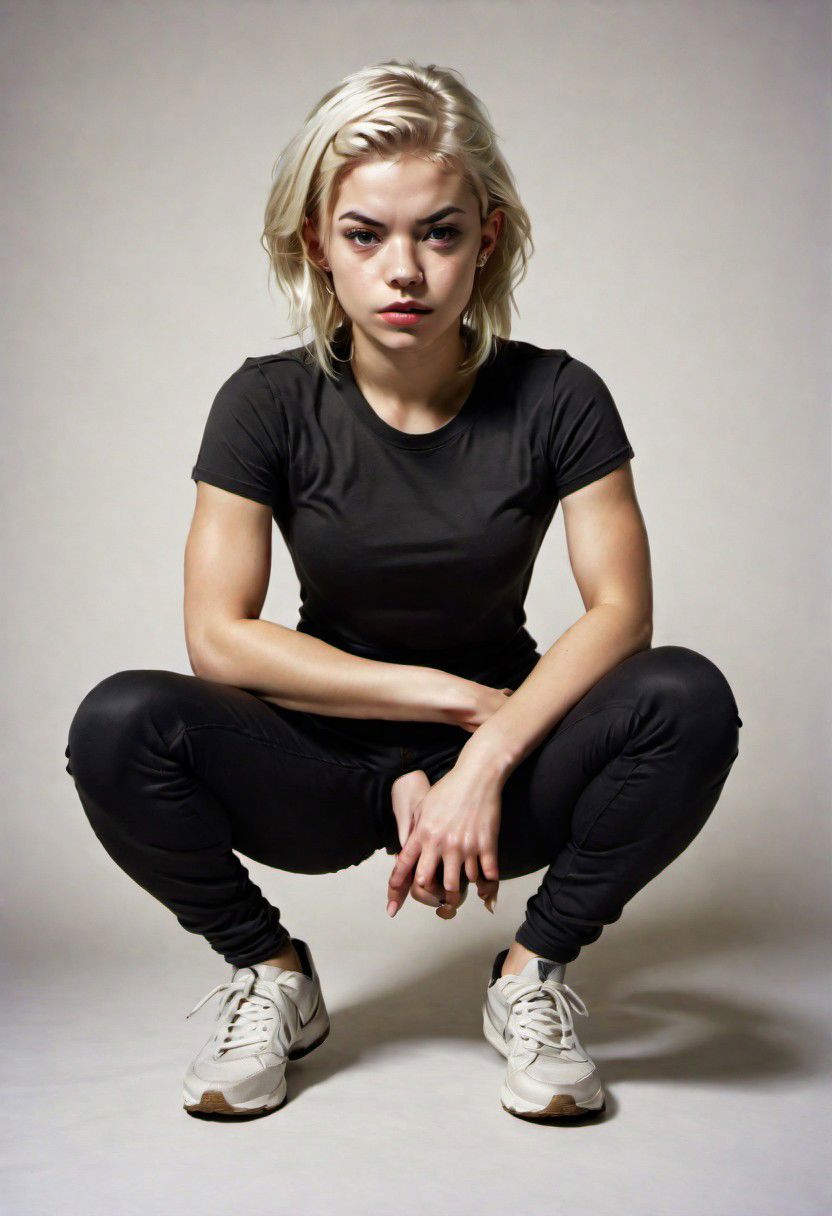Photorealistic image of an young woman, 25yo, professional studio photograph, grrrl, Gopn1k, squat