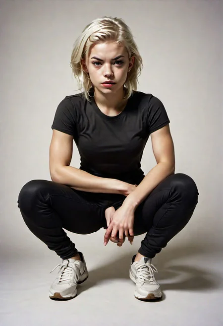 Photorealistic image of an young woman, 25yo, professional studio photograph, grrrl, Gopn1k, squat