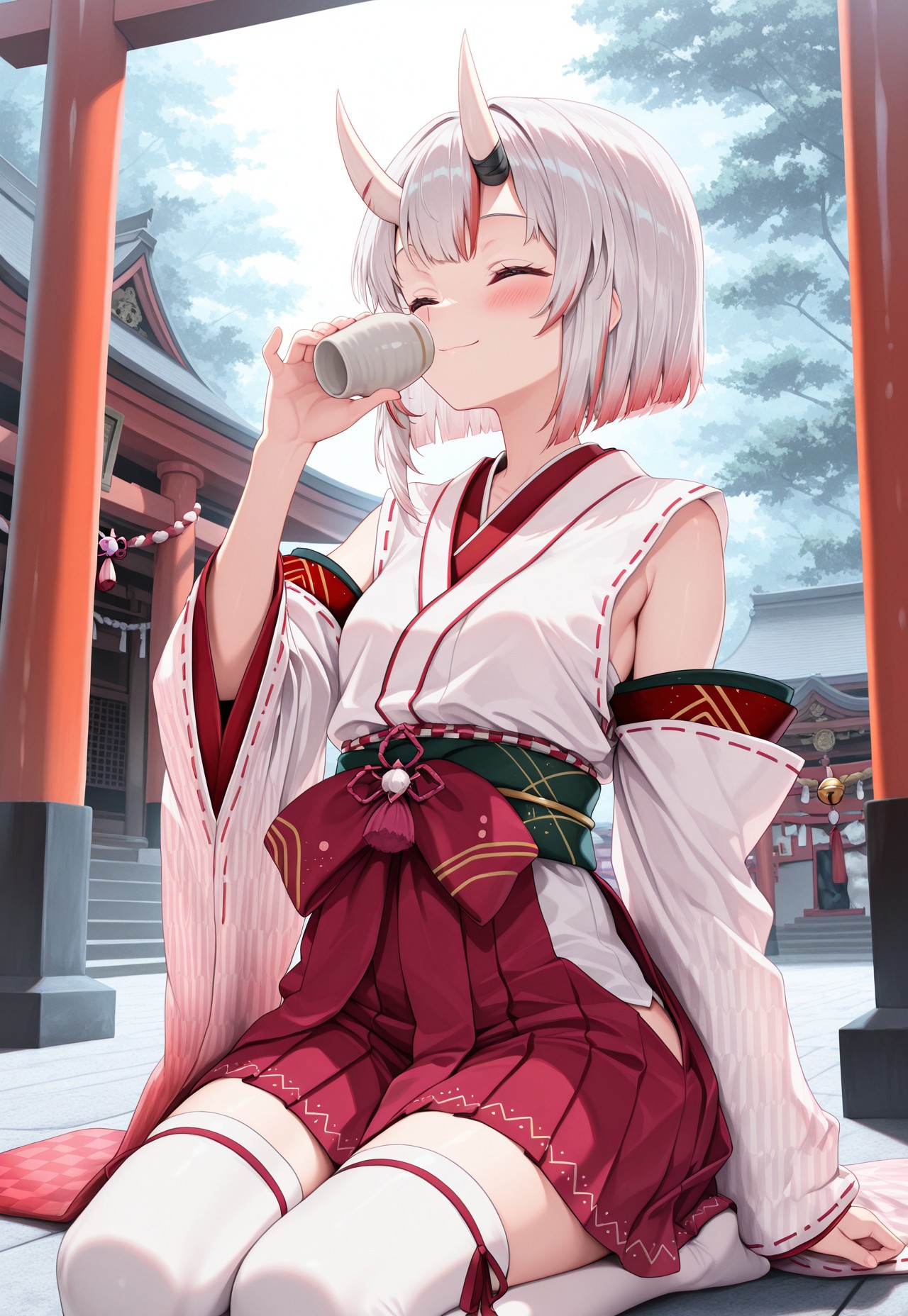 masterpiece, best quality, amazing quality, masterpiece, High quality, Ultra detailed, 2d, newest, absurdres, highres, temple, torii gate, 1girl, solo, nakiri ayame, oni, oni horns, white hair, red hair, streaked hair, gradient hair, red eyes, short hair, bob cut, ayamemiko, long hair, japanese clothes, hakama, red hakama, red kimono, white kimono, two-tone kimono, detached sleeves, wide sleeves, white thighhighs, sitting, seiza, sake cup, drinking,  happy, smile, closed eyes, blush,, 