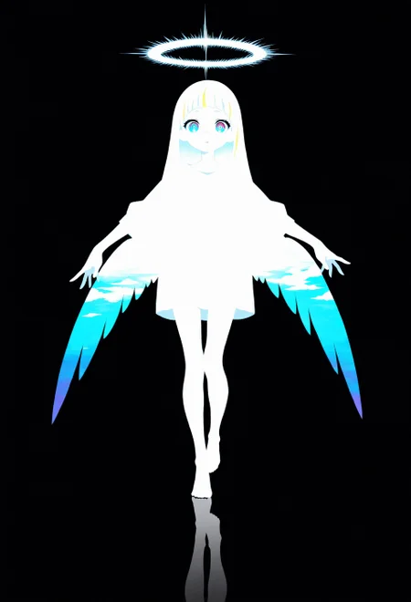 detailed background, best quality, very aesthetic, absurdres, traditional media, warm light style, masterpiece, solo, abstract, score_9, score_8_up, score_7_up, concept art, source_anime, extremely detailed, masterpiece ,amazing quality, intricate details , perfect eyes, white and black background, flat colors, flat style, beautiful angel girl, yellow highlights, multi ringed halo, very detailed halo, emerging from shadow, feathers, stepping from abstract space, abstract shape in background, interacting with object, heavy shadows, legs dangling, barefoot, partially in shadow, hands held upward, hands towards viewer, negative glass floor, reflection, shadows, dark, gothic theme, (close up:1.4), large wings,, leaning back, fading, long hair, 1 girl, white motif, iridescent eyes, large eye, large flat halo, flat color, large white shirt, black background, wings, black lighting, thin black outline, thin white outline, sharp detail, masterpiece ,amazing quality, intricate details , soft palette, <lora:sowasowart_style-000016:1>,