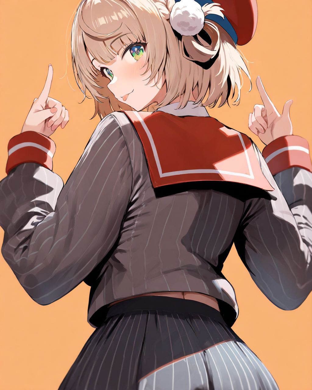 1girl,
ShigureUiVTuber,
safe, solo, (from back:1.5), ass focus, 
hair rings, pom pom hair ornament,
beret,
beautiful eyes,
tongue,
side braid, shiny hair,
dancing, ass, striped skirt, 
looking back, index fingers raised, hands up, 
puffy sleeves,
red sailor collar,
vertical stripes,
striped jacket, large breasts,
collared shirt,
simple background, orange background,
depth of field,
<lora:kp_ShigureUiVTuber1stCostumeAnimagineXL_v1_0:1.0>,
masterpiece, high score, great score, absurdres