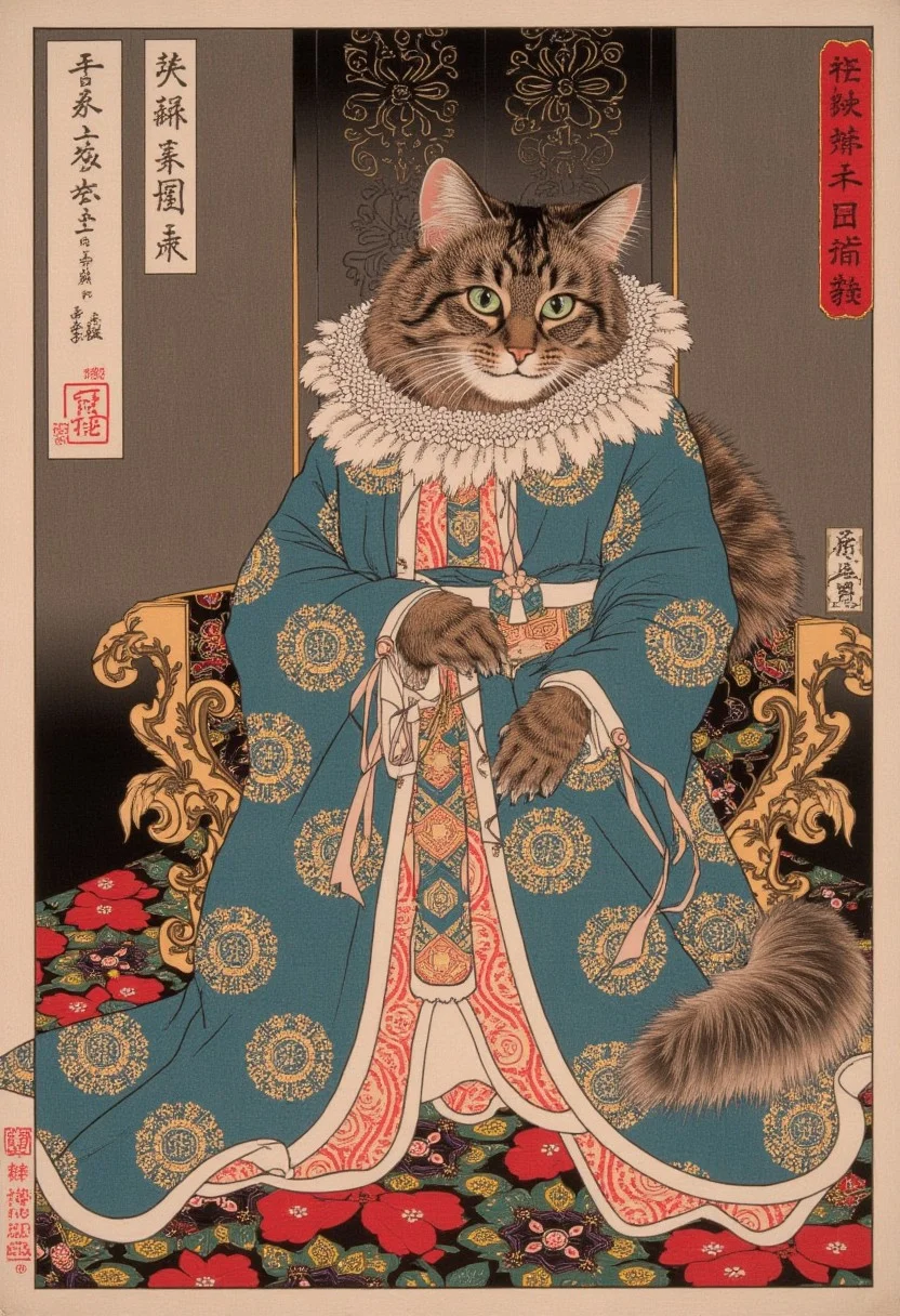 4si4n, It depicts a scene of a fluffy, medium-sized cat named Allie with a mottled coat featuring dark brown and black tabby stripes sitting on a throne in a japanese castle, dressed like a queen, poster from the series Fifty-Three Stations of the Tokaido by Utagawa Kunisada Toyokuni III/Kunisada III. epic, movement,