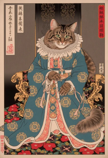4si4n, It depicts a scene of a fluffy, medium-sized cat named Allie with a mottled coat featuring dark brown and black tabby stripes sitting on a throne in a japanese castle, dressed like a queen, poster from the series Fifty-Three Stations of the Tokaido by Utagawa Kunisada Toyokuni III/Kunisada III. epic, movement,