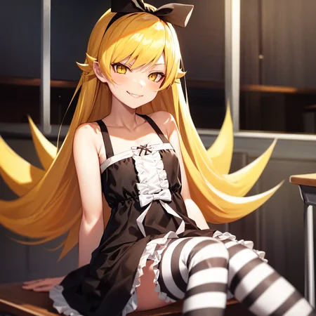 1girl, solo, oshino shinobu, tv_gothic, blonde hair, long hair, yellow eyes, black dress, hair bow, striped thighhighs, frills, sitting, classroom, night, looking at viewer, smirk <lora:char-shinobu-multi:1>