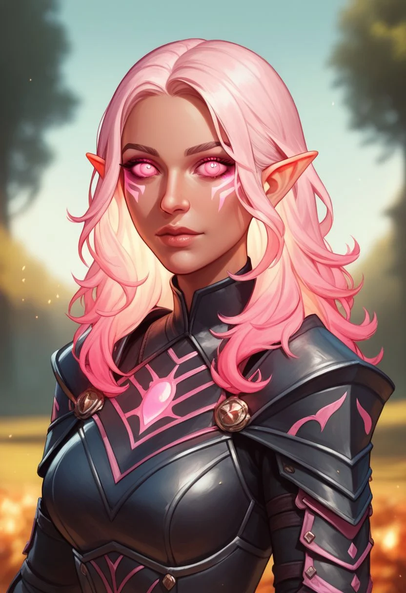 (((beautiful, high quality))), upper body, score_9, score_8_up, score_7_up, solo,
looks at the viewer,
FireGenasi, fire hair, colored sclera, dark skin, pointed ears, 1girl, pink fire hair, pink eyes, pink raincoat, black armor,
outdoor, fantasy background, nature, blurred background,
