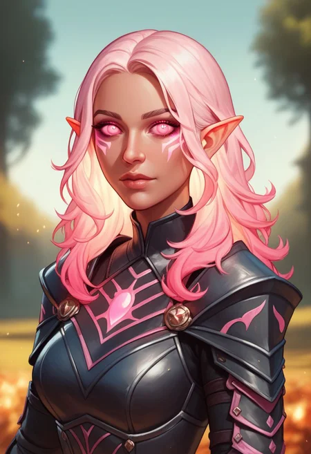 (((beautiful, high quality))), upper body, score_9, score_8_up, score_7_up, solo,
looks at the viewer,
FireGenasi, fire hair, colored sclera, dark skin, pointed ears, 1girl, pink fire hair, pink eyes, pink raincoat, black armor,
outdoor, fantasy background, nature, blurred background,