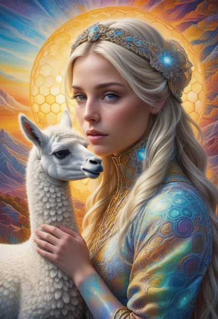 ((alex gray psychedelic painting.)) A serene young woman with long, platinum hair adorned with a jeweled headband, gently holding a fluffy white llama. They are bathed in soft, ethereal light amidst a cloudy, dreamlike background.
The scene unfolds in a surreal landscape of towering honeycombs, their intricate hexagonal patterns glowing with warm, golden hues. The honeycombs stretch upward like fantastical structures, their surfaces shimmering with iridescent nectar that reflects light in mesmerizing ways. The entire scene is depicted in a highly detailed, psychedelic style, reminiscent of Alex Grey’s art, with intricate patterns weaving through the honeycomb environment. The radiant honeycombs create a dreamlike atmosphere of wonder and beauty.