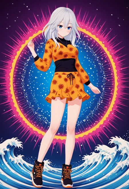 waporwave style, highly detailed,1 girl,full body,vibrant background