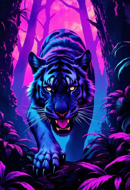 A fierce tiger prowling through a neon blue jungle, set against a deep crimson sky, with blue light reflecting on its striped fur,     highly detailed,gold,silver, bo-neon, ArcaneFGTNR
