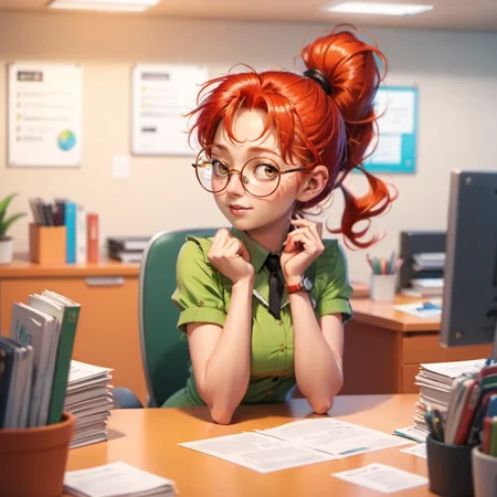 anime artwork 1girl, solo, round glasses, freckles, redhead, ponytail, in an office <lora:MlleJeanne1024-step00000800:0.8> . anime style, key visual, vibrant, studio anime, highly detailed