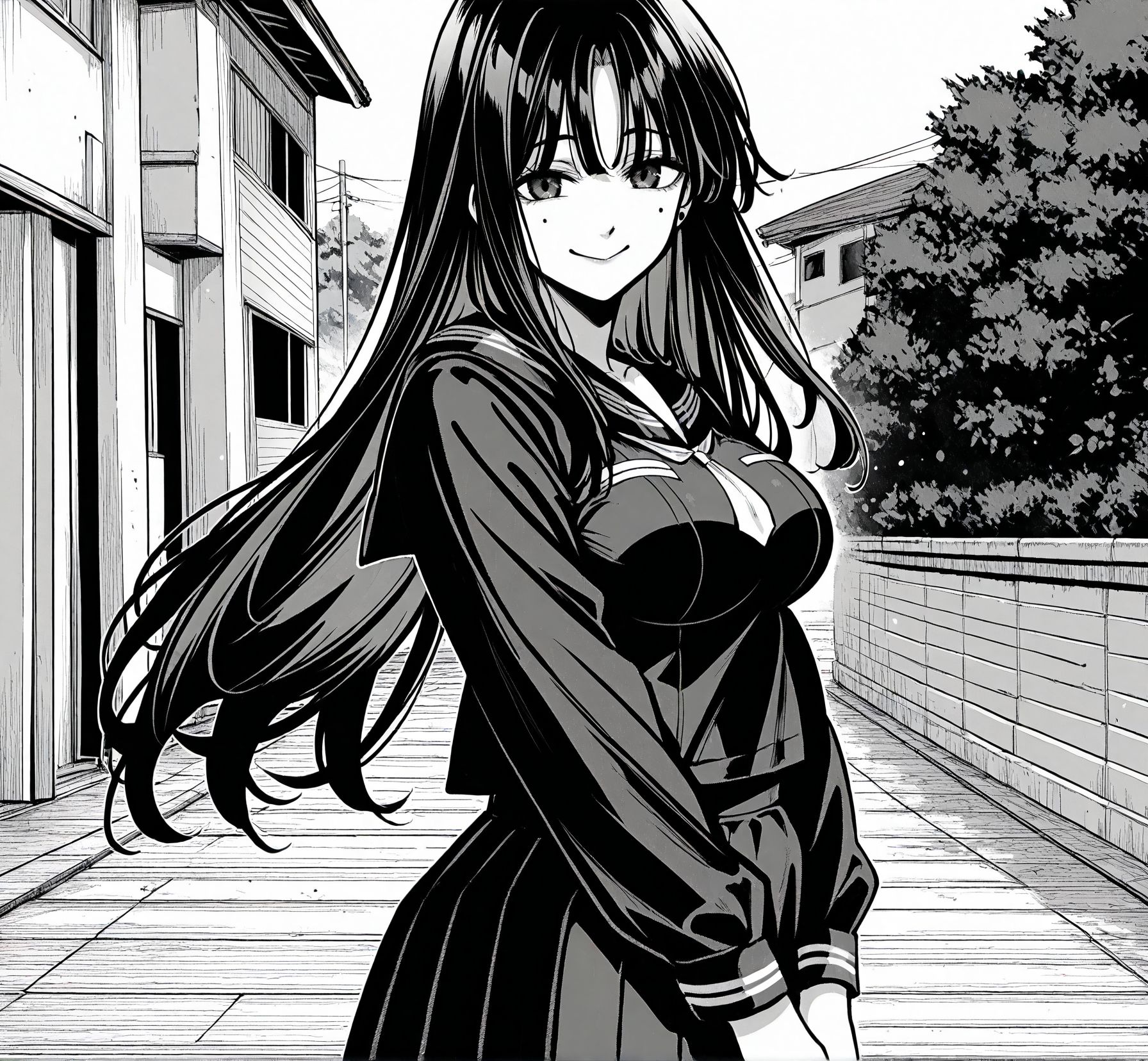 <lora:add-detail-xl:0.5>,masterpiecebest quality,anime coloring,anime screenshot,
<lora:bouryokubannzai:1>bouryokubannzaiV1,
1girl,greyscale,monochrome,
school uniformlong hair,
breasts,skirt,smile,
serafuku,
b_rikudou,