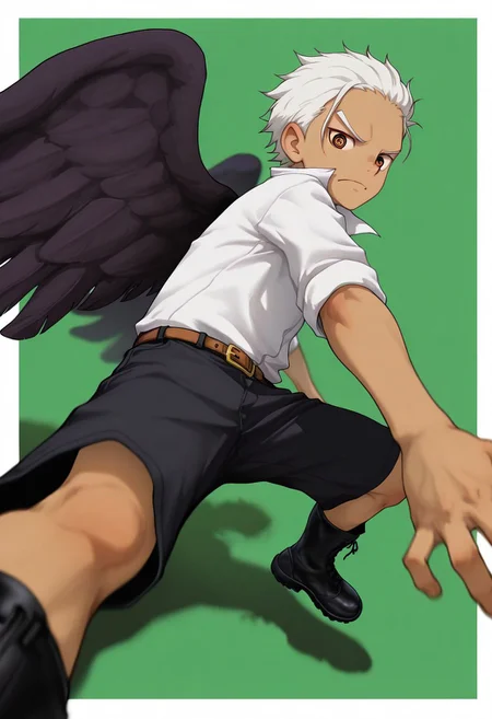 1boy,SHawk, White Hair, Orange Eyes, Star Shaped Pupils, Tan Skin, Black Wings, White Shirt, Sleeves Rolled Up, Black Shorts, Belt, Black Boots, 
looking at viewer, dynamic expression,
male focus, 1boy, solo, cowboy shot, from side,
cover page, cover, foreshortening, green background, white background, graphic border, cinematic, intricately detailed illustration, depth of field, masterpiece, best quality, amazing quality, very aesthetic, absurdres, newest, very awa,  shadow, dynamic angle, casual cosplay, dynamic pose, beitemian style