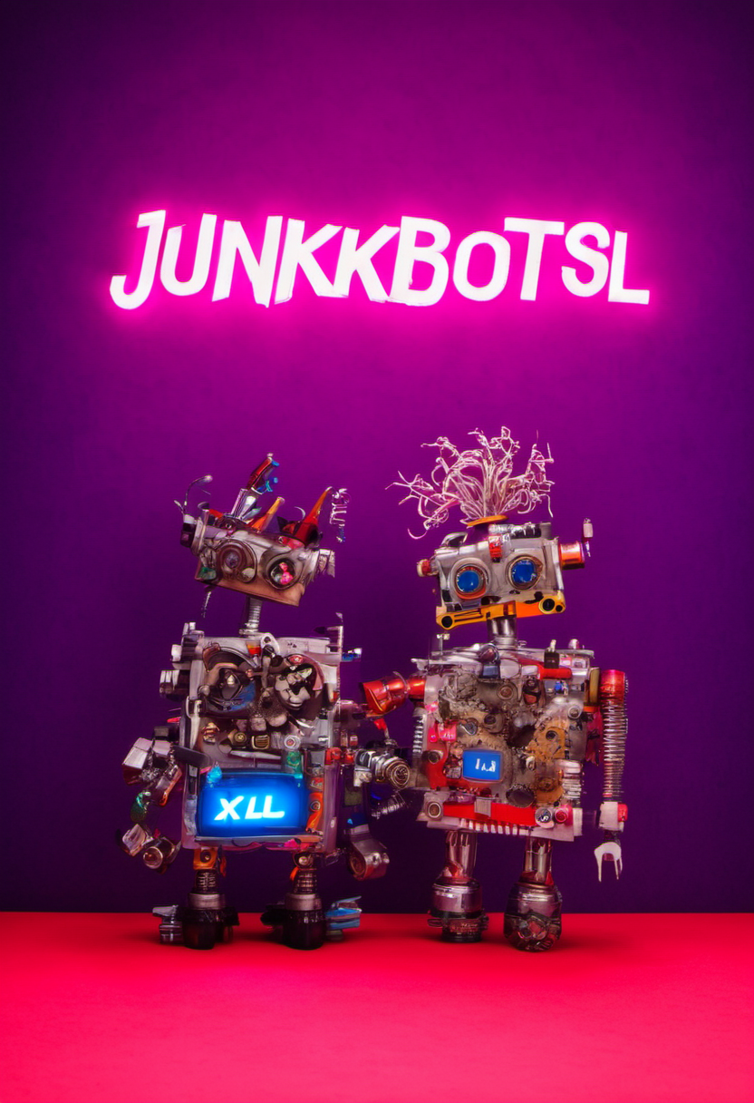 <lora:JunkBots_XL-000007:1> Characters in mid-celebration, surrounded by a whirlwind of gears and wires, (with "JUNKBOTS XL" shining brightly above like a neon sign:2.0).