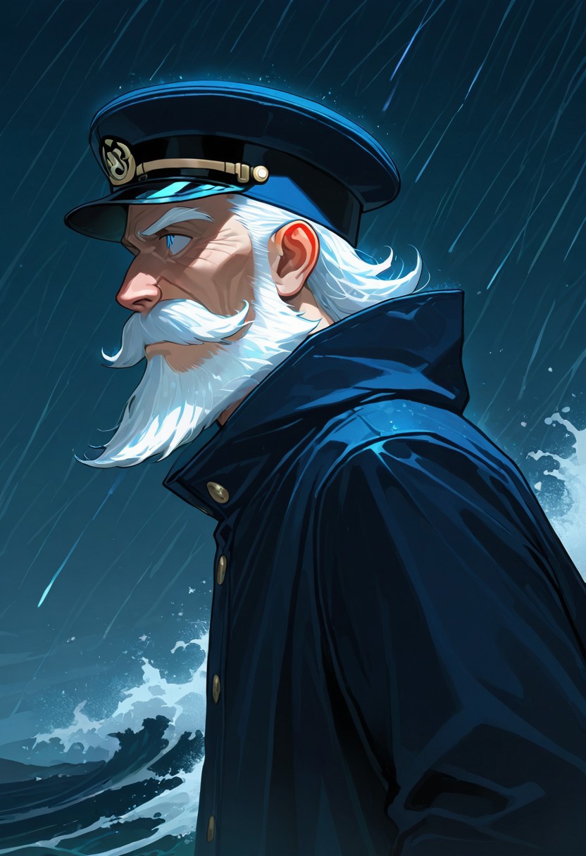 full face shot, Portrait, solo, old man, with white hair, white beard, wearing a captain's cap, oversized navy blue raincoat, clothing with signs of wear, at night, in the background a raging storm, large waves, spray, man looks thoughtfully into the distance, focus on face, side view, BREAK,  night, highly detailed, complementary color, cinematic dramatic light, SimpleNegativeV3,