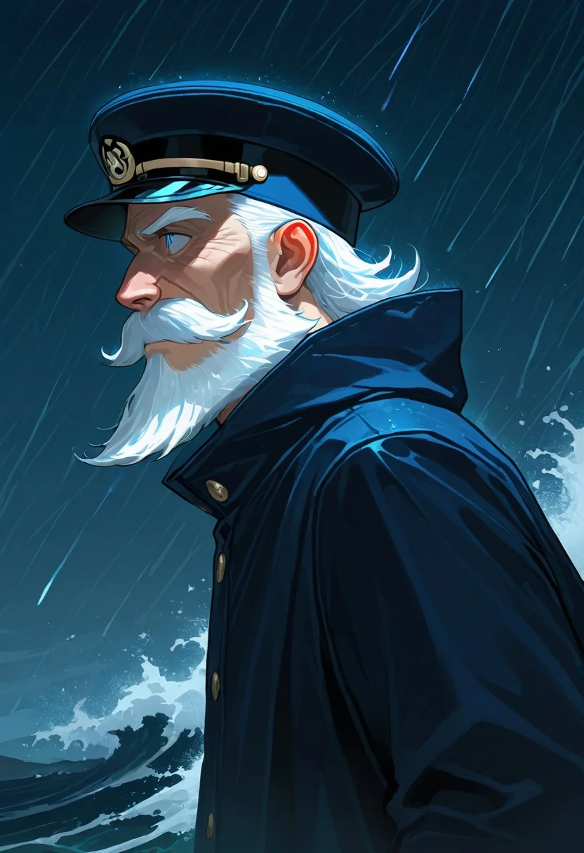 full face shot, Portrait, solo, old man, with white hair, white beard, wearing a captain's cap, oversized navy blue raincoat, clothing with signs of wear, at night, in the background a raging storm, large waves, spray, man looks thoughtfully into the distance, focus on face, side view, BREAK, night, highly detailed, complementary color, cinematic dramatic light, SimpleNegativeV3,